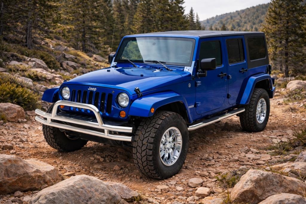 Blue Jeep with chrome front bumper