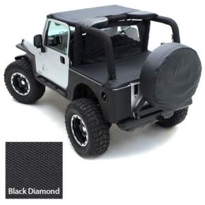 SmittyBilt Tonneau Cover With Factory Soft Top Bow Folded Down In Black Denim For 1992-95 Jeep Wrangler YJ 721015