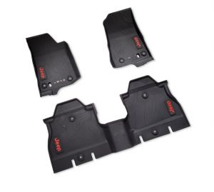 MOPAR All-Weather Front & Rear Floor Liner Set with Red Jeep Logo for 21-25 Jeep Wrangler JL Unlimited 4XE 82216624AB
